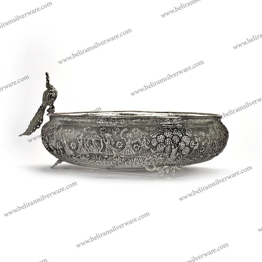 Antique Pure Silver Urli With Perched Peacock