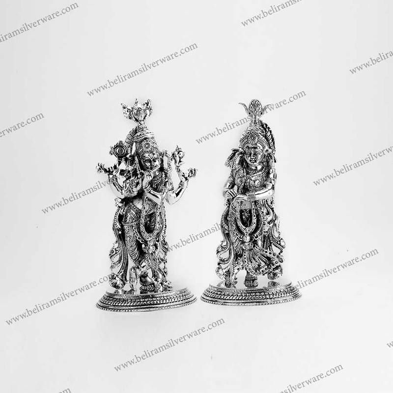 Intricately Carved Radha Krishna Silver Idols