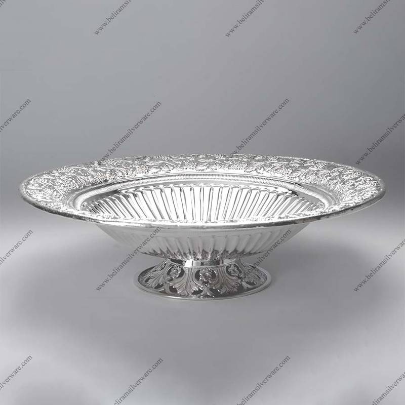 Flower Border Fluted Designer Pedestal Silver Bowl