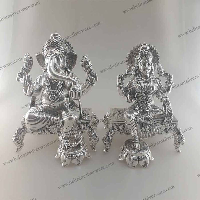 Lakshmi Ganesh Silver Murtis On Chowki