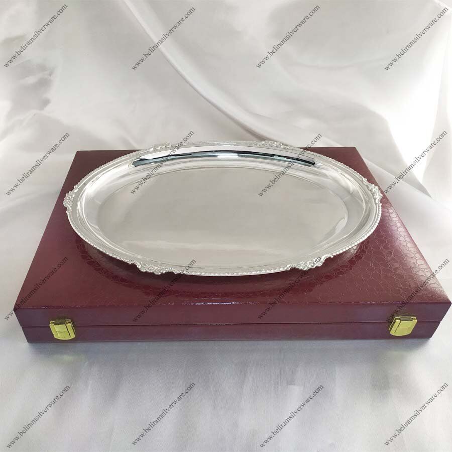 Braided Rim Flower Motif Silver Tray