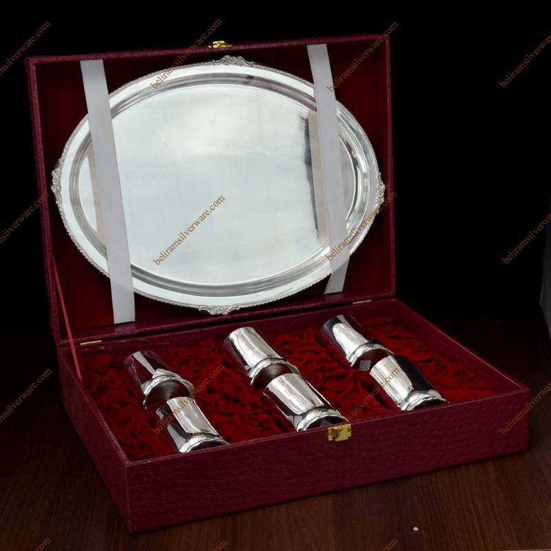 Glossy Finish 100 Tunch Silver Glasses With Tray Set