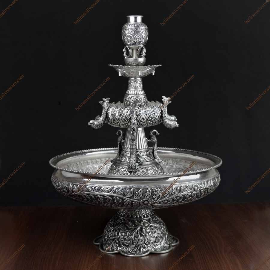 Peacock Fish Engraved Fountain Silver Centerpiece