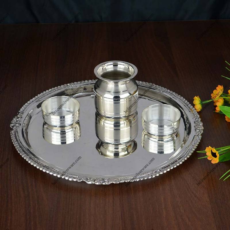 Beaded Rim Minimal Silver Thali Set
