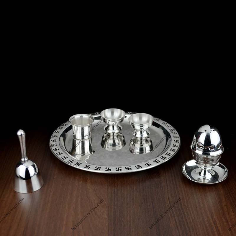 Swastik Cut-work Silver Pooja Thali Set