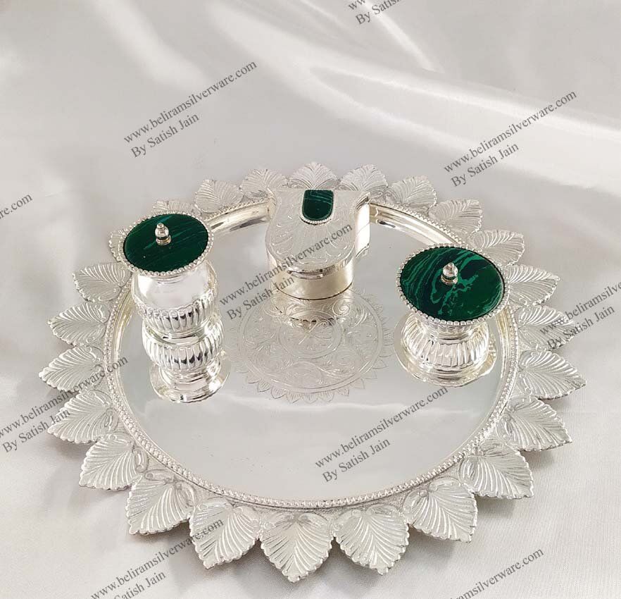 Glossy Leaf Bordered Silver Puja Thali Set