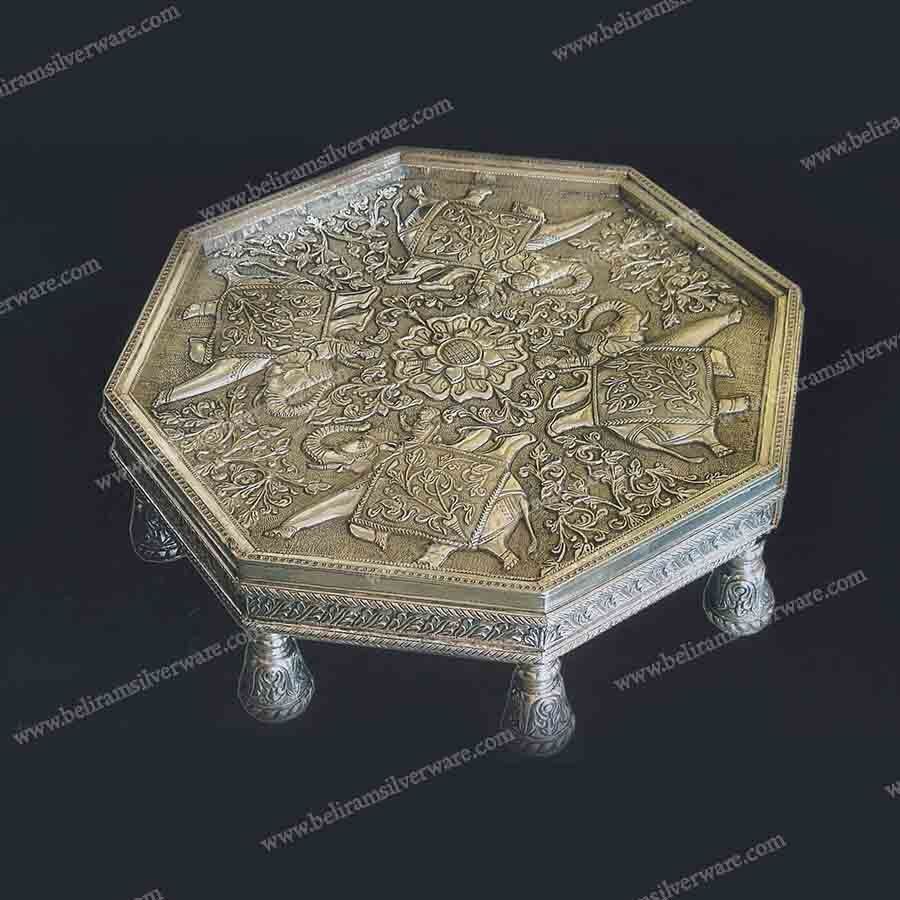 Octagonal Elephant Design Silver Chowki