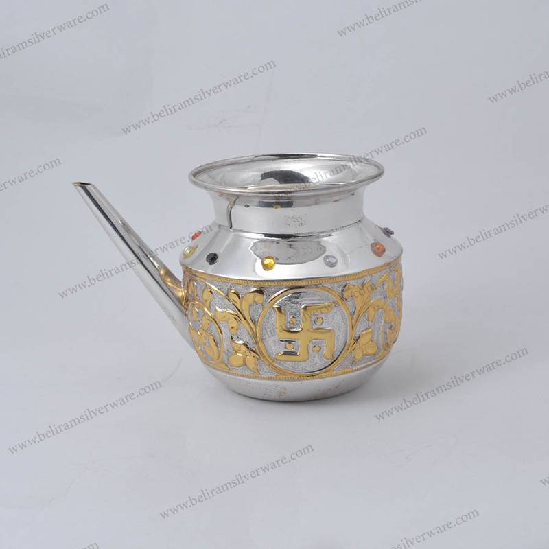 Om & Swastik Silver Lota With Golden Touch & Stones