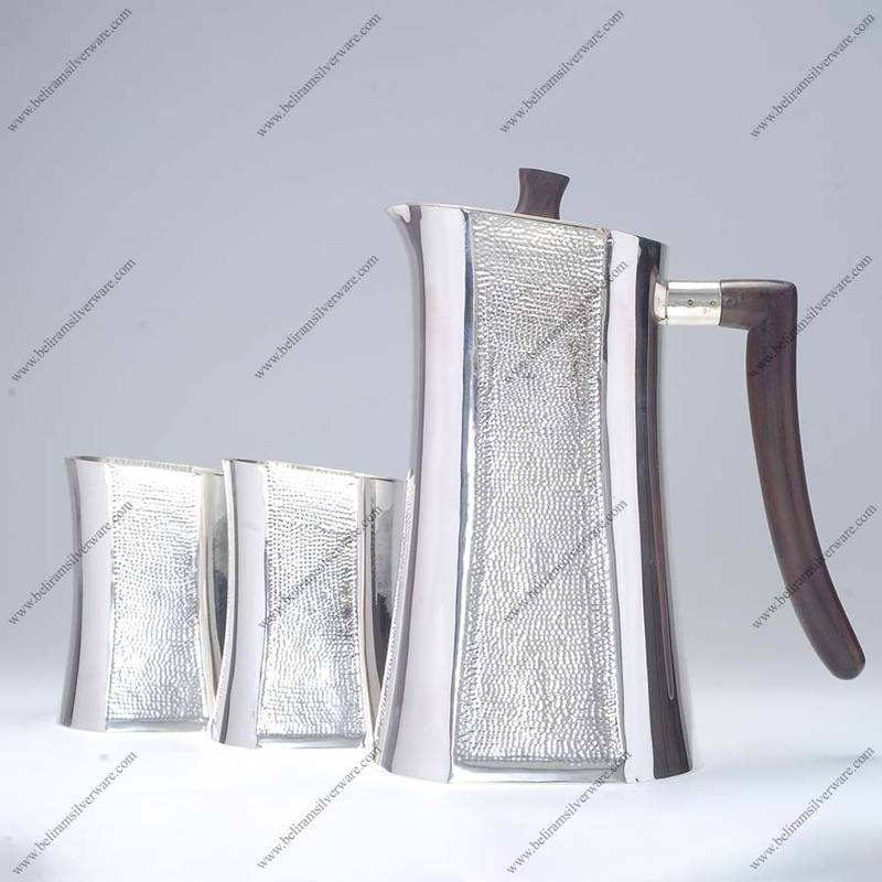 Dot Hammered Wooden Handle Silver Jug Set