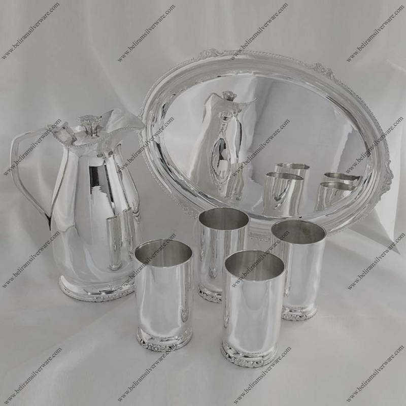 Braided Rim Silver Jug Set With Tray