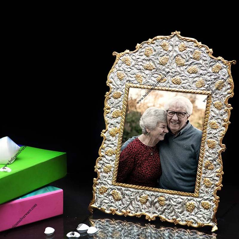 Floral Design Golden Polish Silver Photo Frame