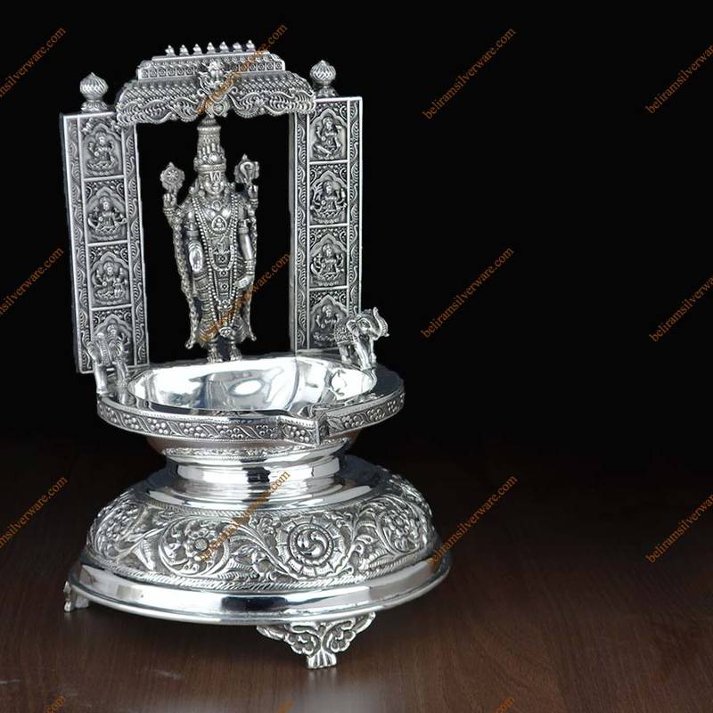 Tirupati Balaji Oxidised Silver Diya