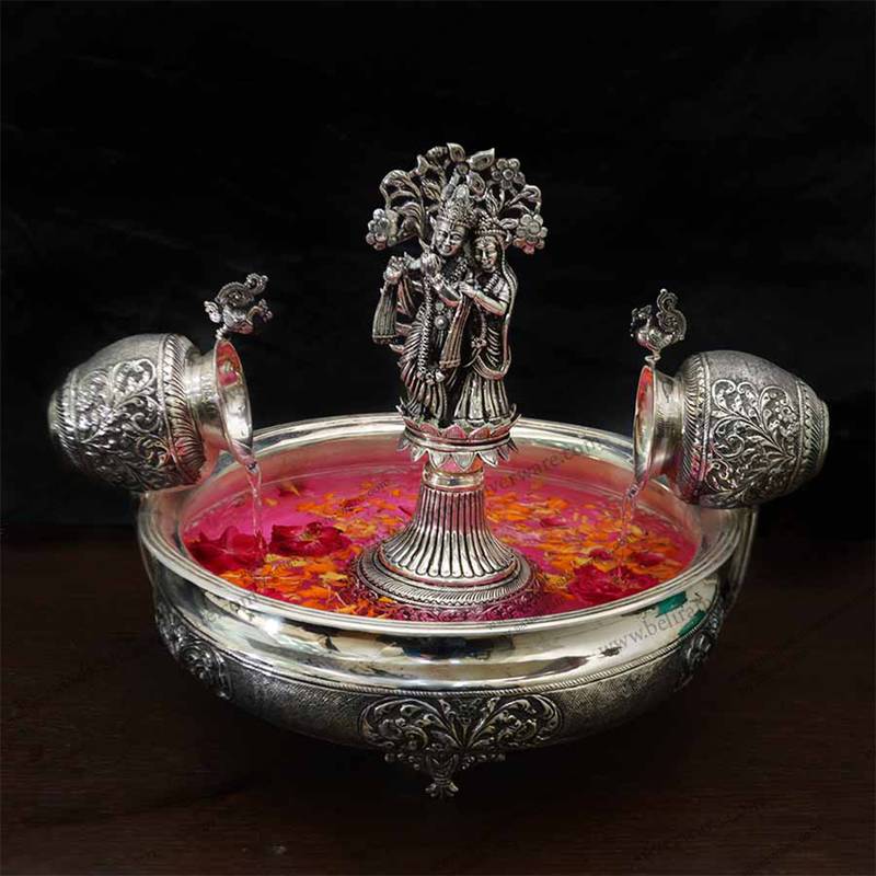 工芸品 belirams Antique Silver Plated Radha Krishan Fountain Silver Centerpiece - Beliram Silverware